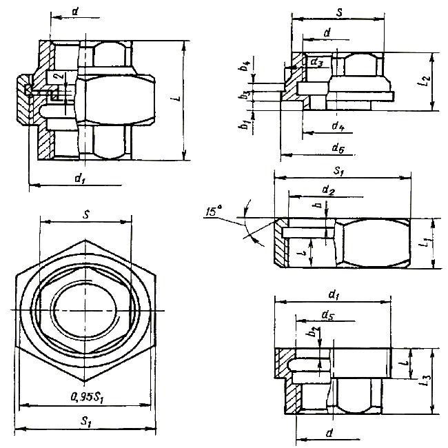 ГОСТ 8959-75 Соединительные части из ковкого чугуна с цилиндрической резьбой для трубопроводов. Гайки соединительные. Основные размеры (с Изменением N 1)