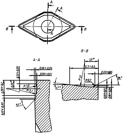 ГОСТ 24256-80 Пластины режущие сменные многогранные твердосплавные ромбической формы с углом 55°, с отверстием и стружколомающими канавками на одной стороне. Конструкция и размеры (с Изменениями N 1, 2, 3)